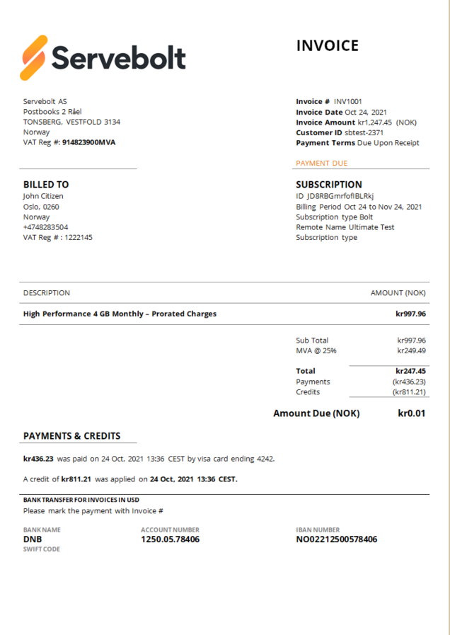 Norway Servebolt high performance hosting company invoice PSD template